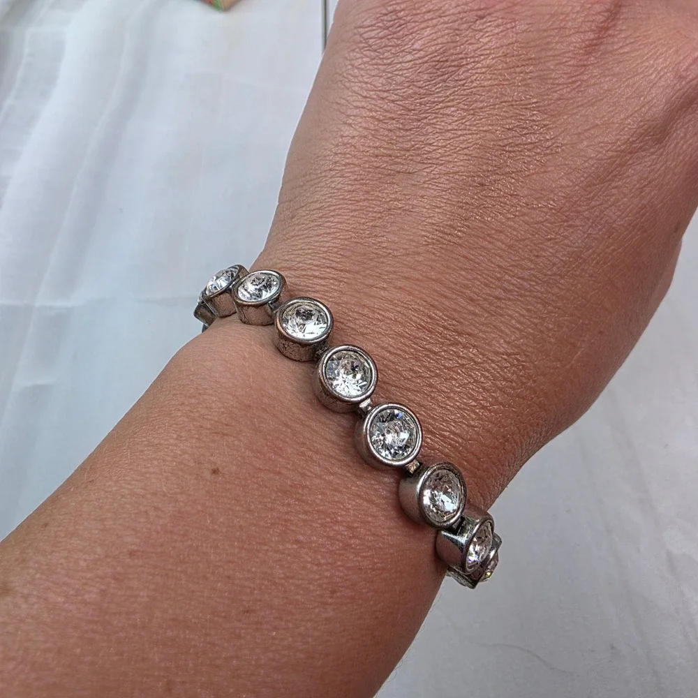 Vintage TC Stainless‎ Steel Bezel Set Clear Crystal Tennis Bracelet Silver Tone